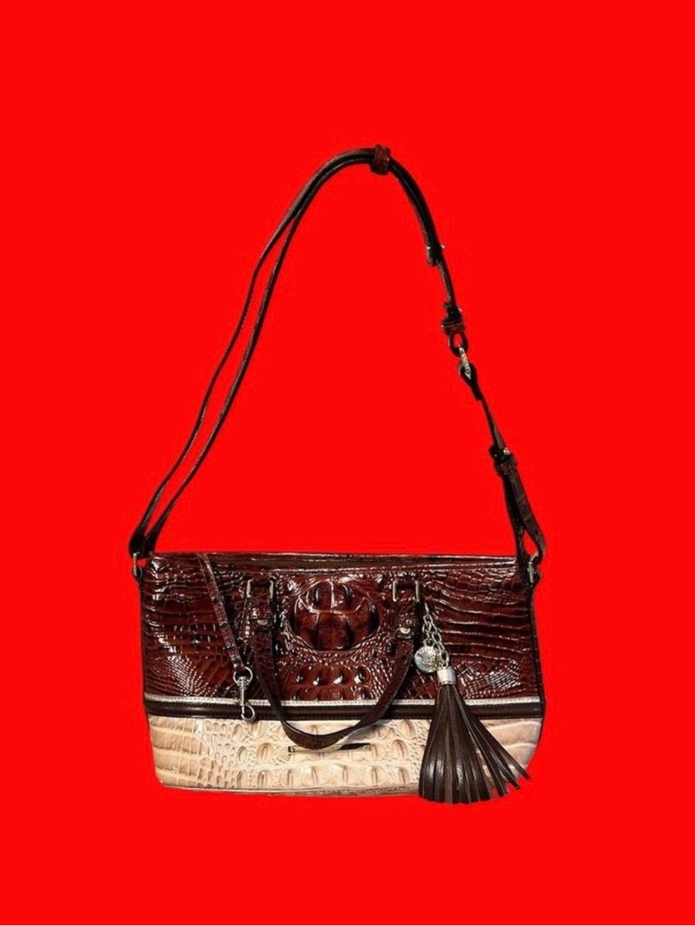 Brahmin Croc-Embossed Two-Tone Shoulder Bag in Dark Brown and Cream